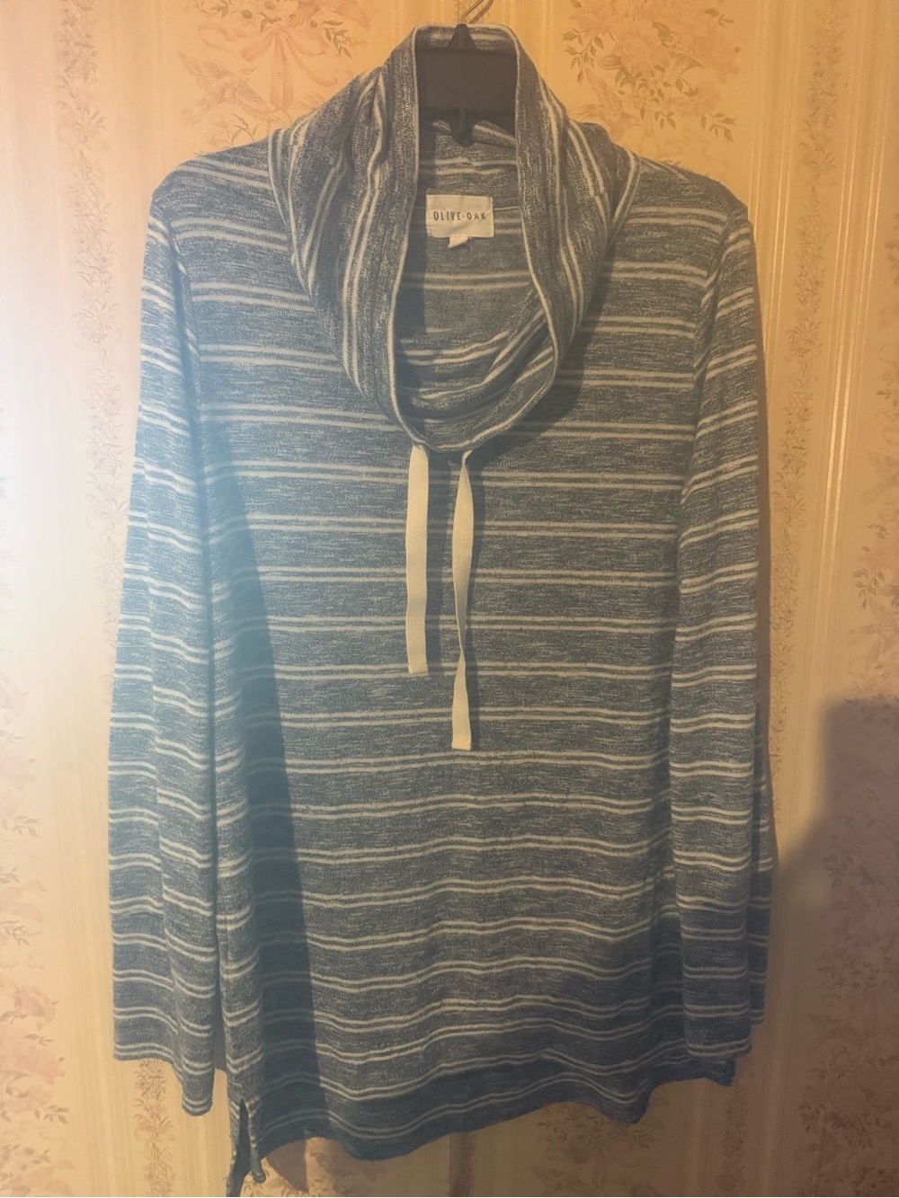 Olive & Oak Blue and White Striped Cowl-Neck Pullover & 3/4 Sleeved white shirt-